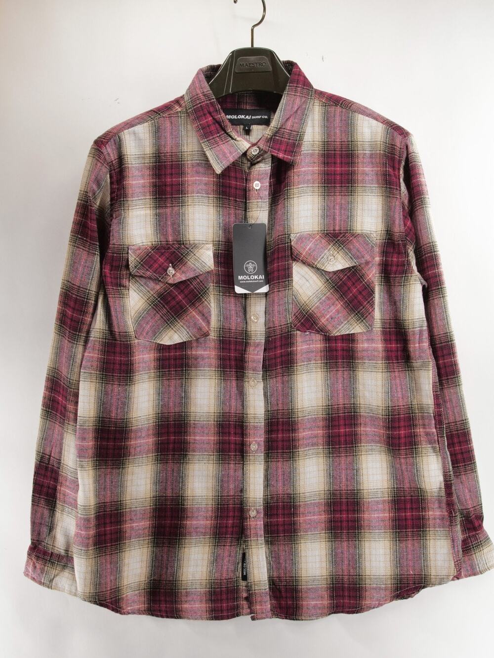 NWT Molokai Surf Co Men's Large Red Plaid Long Sleeve Button Up Shirt Flannel